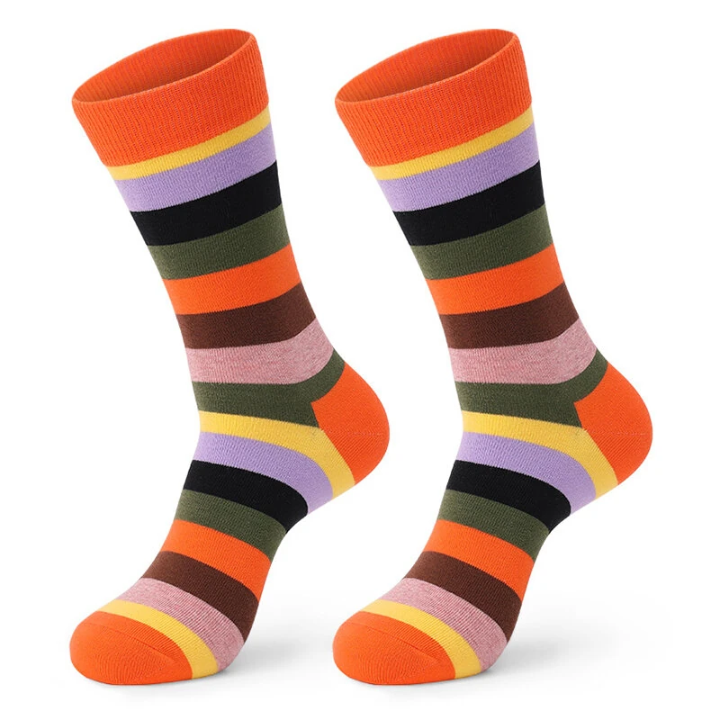 (image for) 5 Pairs Men's Cotton Stripe Socks Funny Crew Bright Color Block Personality Mid Long Tube Skateboard Socks Unisex