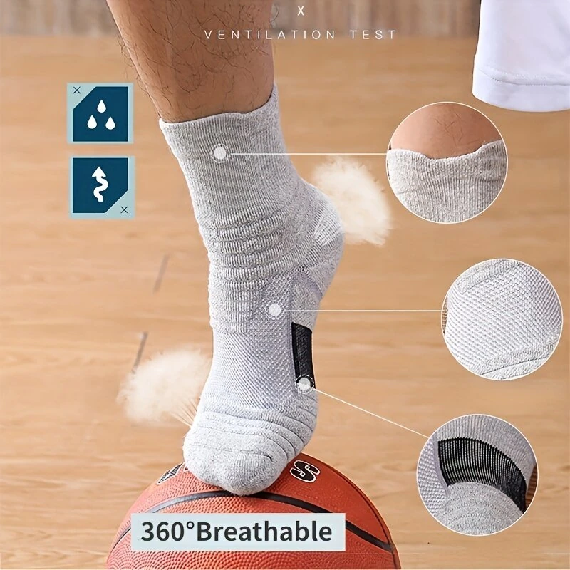 (image for) 5 Pairs Men's Sports Socks, Towel Basketball Socks, Wicking Sweat Breathable Running Cycling Socks, High Elastic Outdoor Activities Ankle Socks