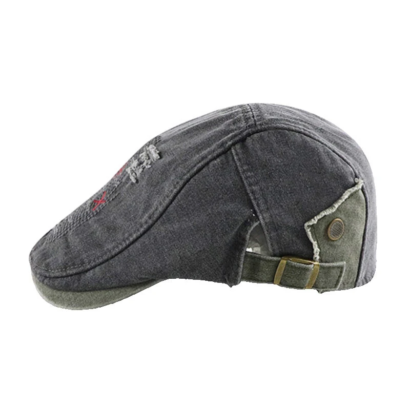 (image for) Collrown Denim Beret Hat Vintage Casual Flat Hat for Men Embroidery Patchwork Aged Peaked Cap Outdoor Retro Caps