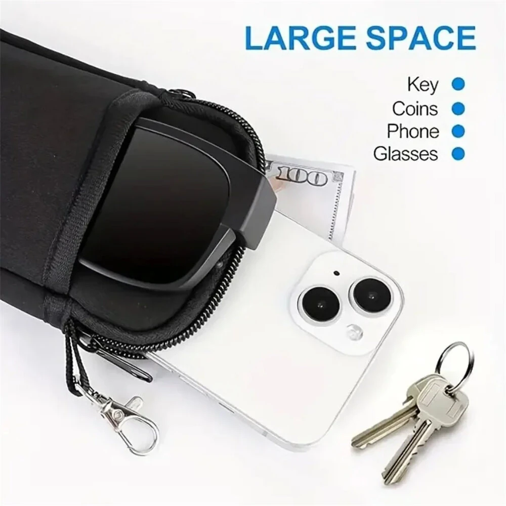 (image for) Portable Soft Zipper Glasses Bag with Buckle Lightweight Double Pockets Case can Store Mobile Phones, Headphones, Bank Cards Mini Storage Bag